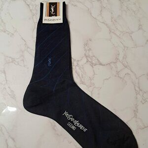 NEW Yves Saint Laurent Navy Blue Nylon Embroidered YSL Logo Mens Dress Socks